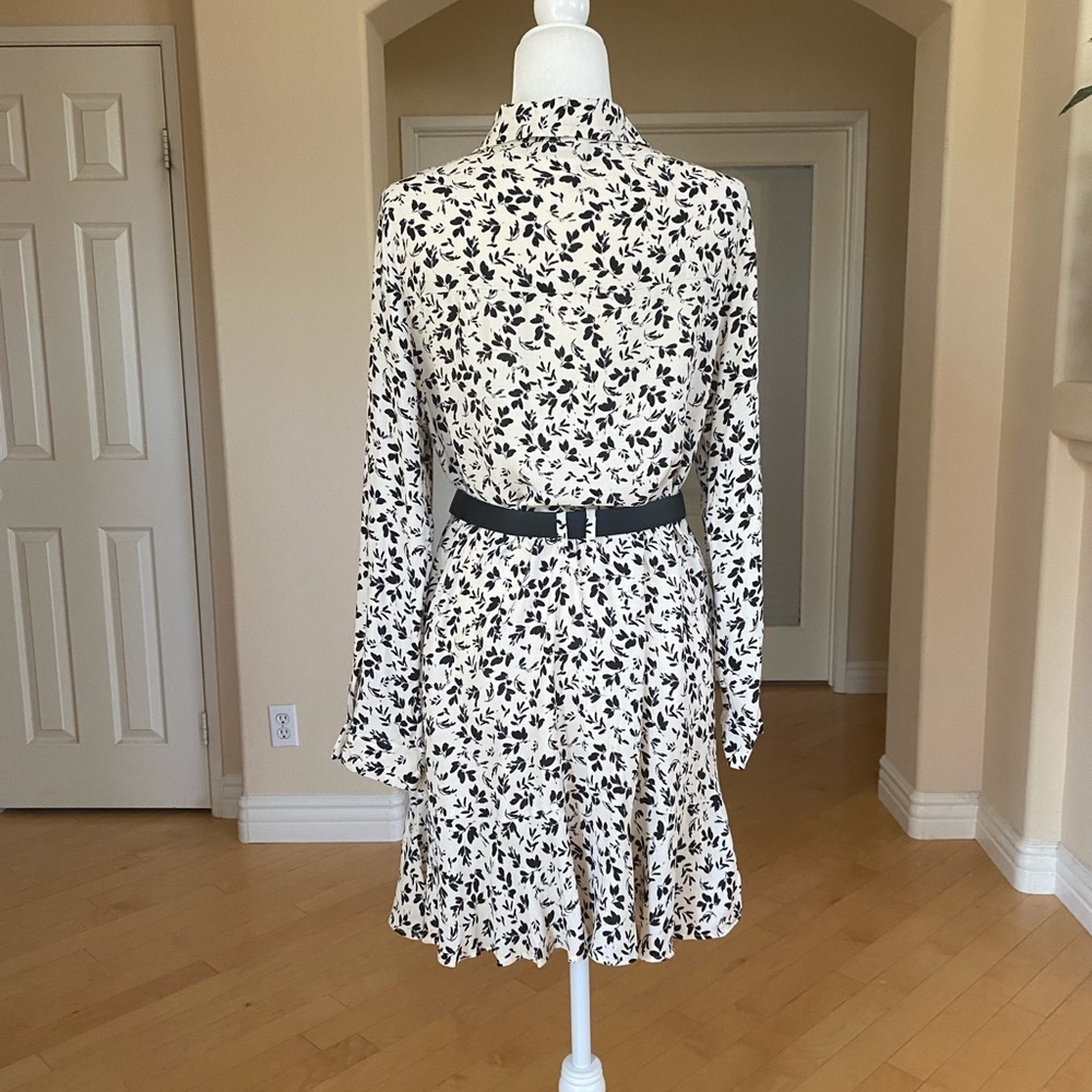 Zara Black and White Floral Long Sleeve Dress Belted Button Down